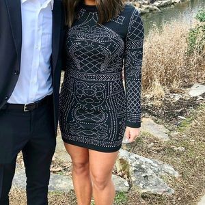 Rhinestoned Black Long Sleeve Cocktail Dress